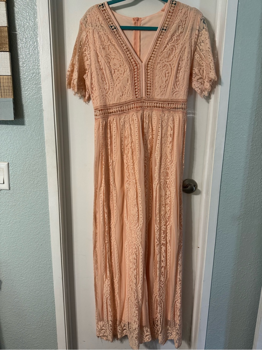 V-Neck Lace Maxi Dress in Blush Peach